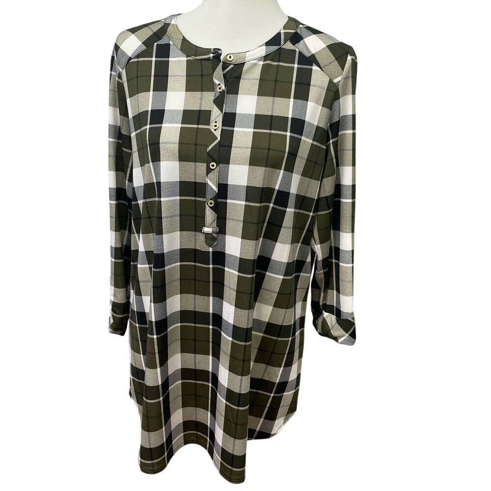 New Nygard Womens Medium Long Sleeve Plaid Henley Polyester Blend Shirt Top